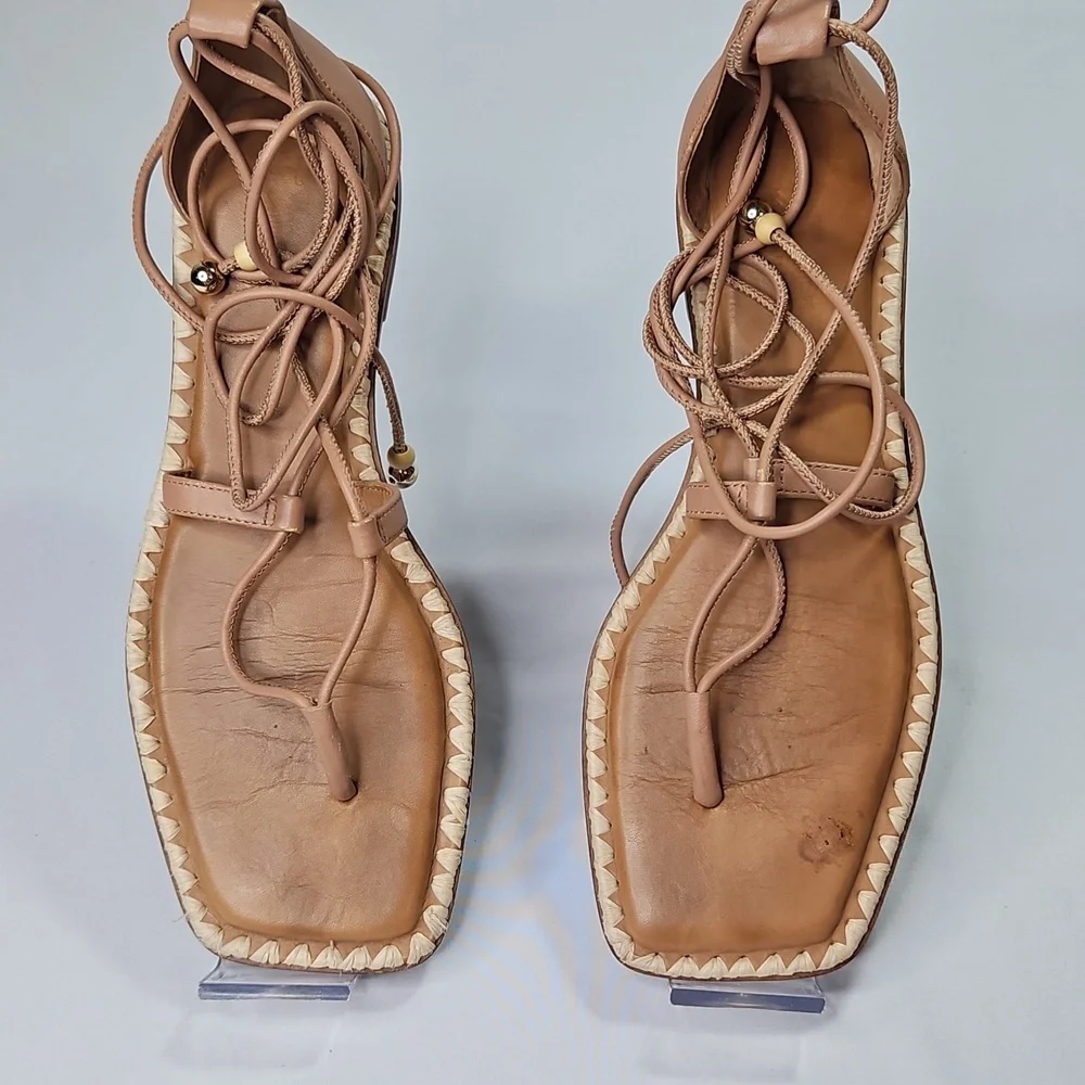 Antonio Melani The Nate Note Leather Ankle Wrap Tie Thong Tan Sandals Sz 9